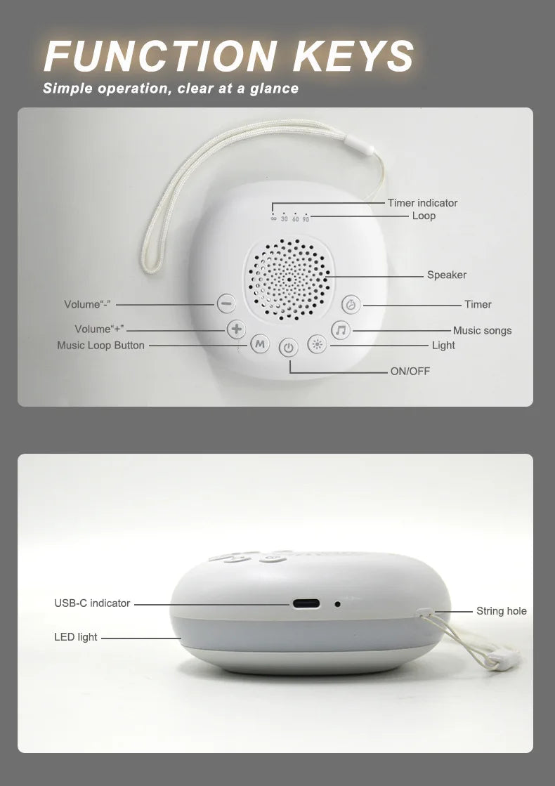 White Noise Machine with Night Light, 20 Soothing Sounds, 22 Volume Levels and 30/60/90-Minute Timer, USB-C Rechargeable for Nursery and Travel