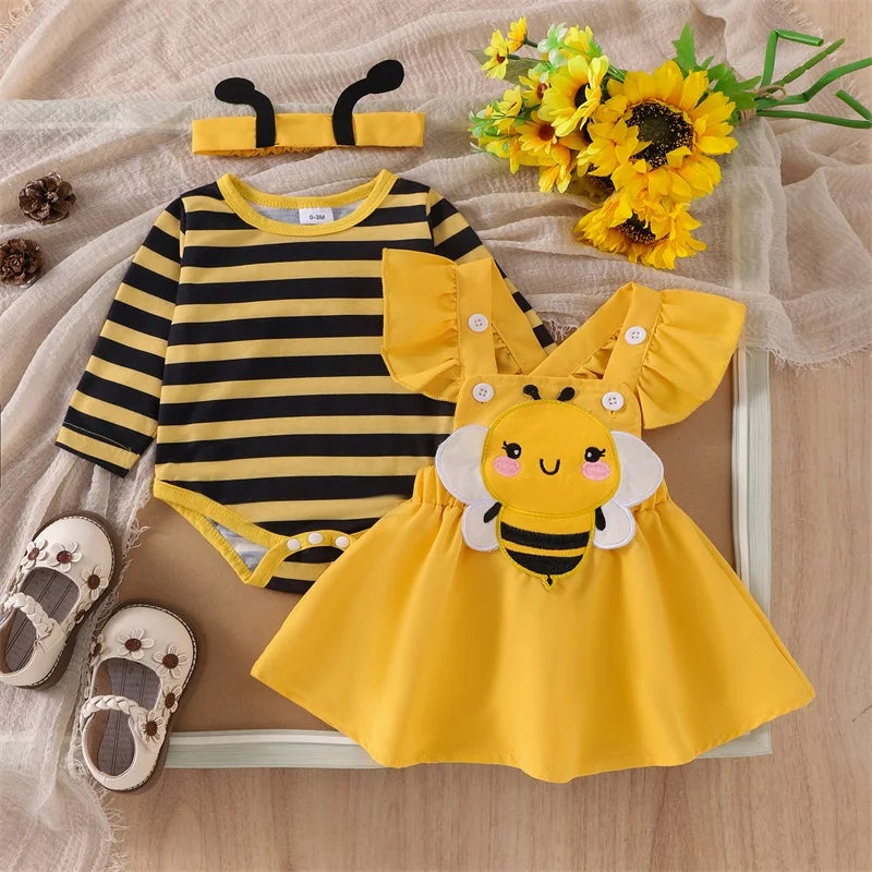 Infant Girl Bee and Ladybug Dress Set with Long Sleeve Cotton Blend Romper, Embroidered Suspender Skirt and Matching Headband, 0-18 Months