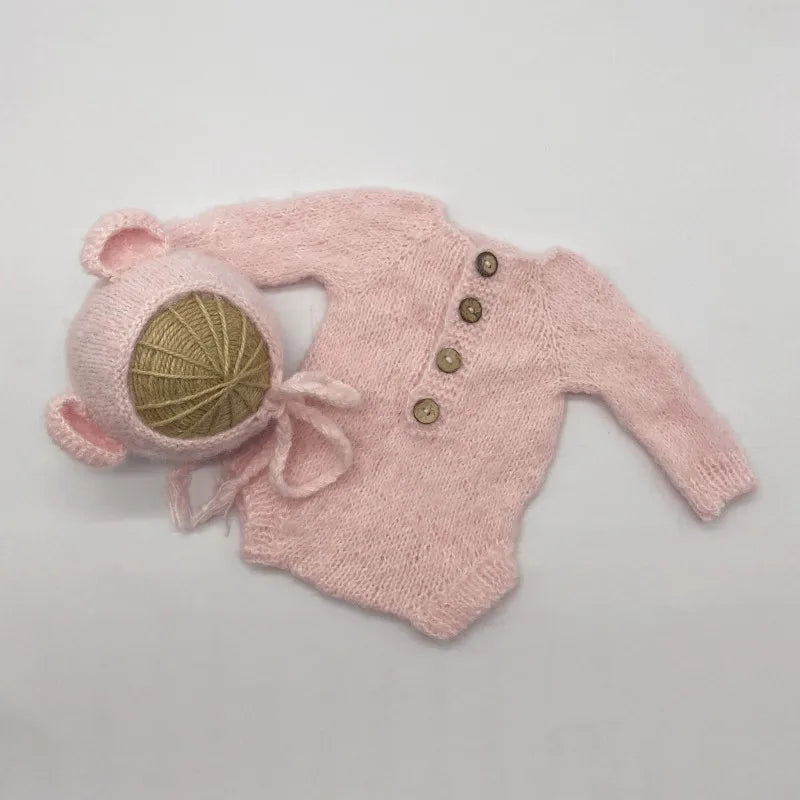 Newborn Bear Photography Outfit with Long Sleeve Knitted Romper and Bear Ear Bonnet, Optional Knit Toy for Baby Boys and Girls Portrait Sessions