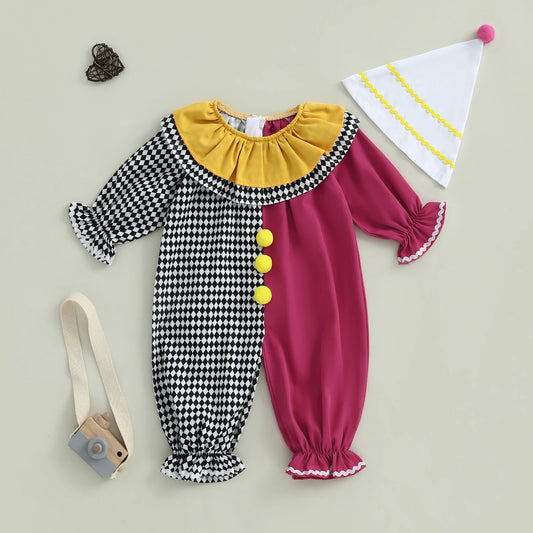 Baby Clown Costume with Hat, Harlequin Diamond Print Long Sleeve Jumpsuit with Ruffle Collar and Pom-Pom Details for Halloween Photos