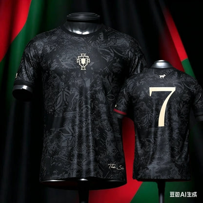 Number 7 Soccer Fan Shirt for Kids and Adults, Short Sleeve Football Jersey Style Top with Black Graphic and White Gold Designs for Family Matching