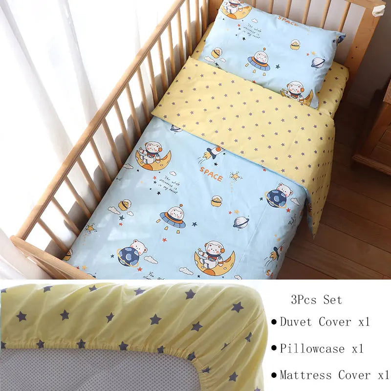 Cotton Toddler Bedding Set, 3-Piece Printed Duvet Cover and Pillowcase with Flat Sheet or Mattress Cover, Kids Room Bed Linens