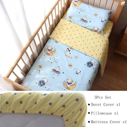 Cotton Toddler Bedding Set, 3-Piece Printed Duvet Cover and Pillowcase with Flat Sheet or Mattress Cover, Kids Room Bed Linens