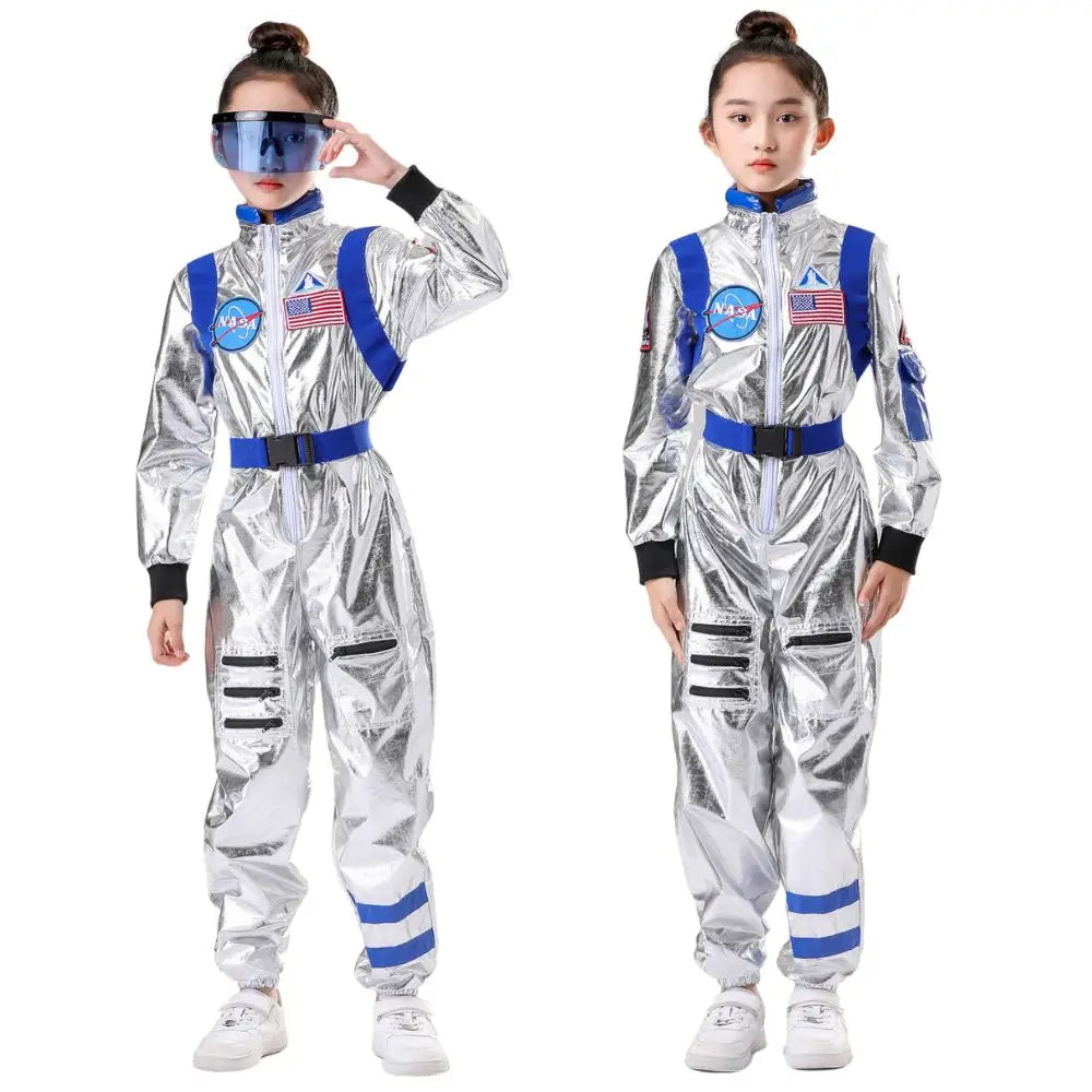 Kids Astronaut Costume Jumpsuit, Silver Space Explorer Outfit for Halloween, Carnival, Cosplay and Imaginative Dress-Up, Sizes 120–150