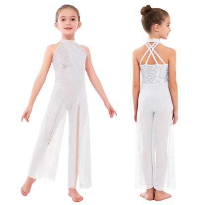 Girls Sequin Dance Jumpsuit with Split Wide-Leg Mesh, Sleeveless Mock Neck and Crisscross Back for Lyrical Recitals and Stage Performances
