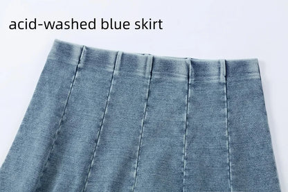 Denim Panel Pleated Skirt for Girls, Teens and Women, Washed Blue and Gray Cotton Styles with Black Jersey Option for Everyday Casual Outfits