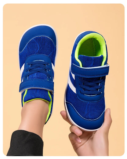 Kids Wide-Toe Mesh Sneakers with Adjustable Hook-and-Loop Strap, Contrast Side Stripes and Low-Top Casual Style in Pink, Black or Blue