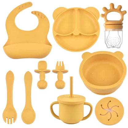 Silicone Suction Feeding Set, 10-Piece Panda Baby Tableware with Divided Plate, Bowl, Pocket Bib, Straw Cup and Two Utensil Pairs in Nine Colors