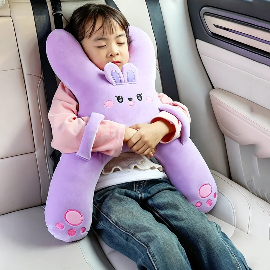 Kids Car Neck Pillow for Back Seat Travel, Child Head Support Accessory with Seat Belt Attachment for Road Trips and Long Drives