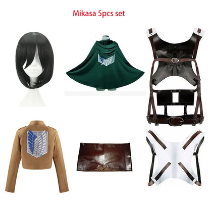 Attack on Titan Cosplay Costume Set with Jacket, Green Cloak, Skirt and Straps, Levi, Mikasa, Eren and Hange Options for Halloween