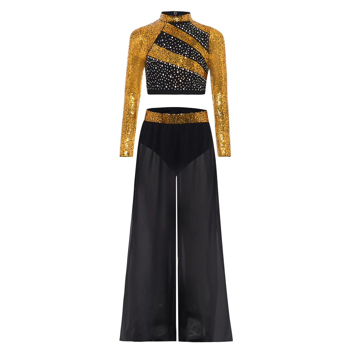Girls Lyrical Dance Costume Set with Mock Neck Sparkle Top and Wide Leg Pants, Chiffon Overlay and Sleeveless Styles for Recitals and Stage Performances