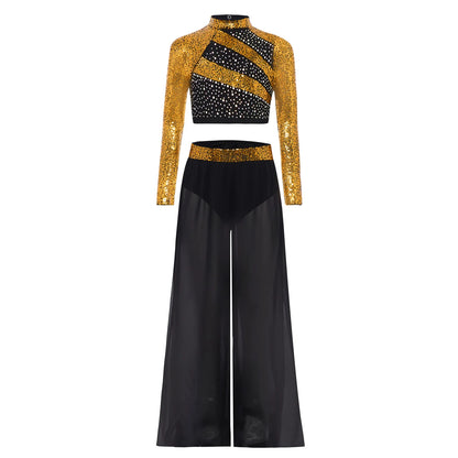 Girls Lyrical Dance Costume Set with Mock Neck Sparkle Top and Wide Leg Pants, Chiffon Overlay and Sleeveless Styles for Recitals and Stage Performances