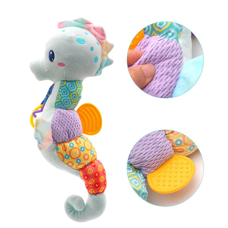 Plush Seahorse Baby Rattle with Crinkle Sounds, Colorful Patterned Panels and Soft Animal Design for Supervised Sensory Play and Baby Shower Gifts
