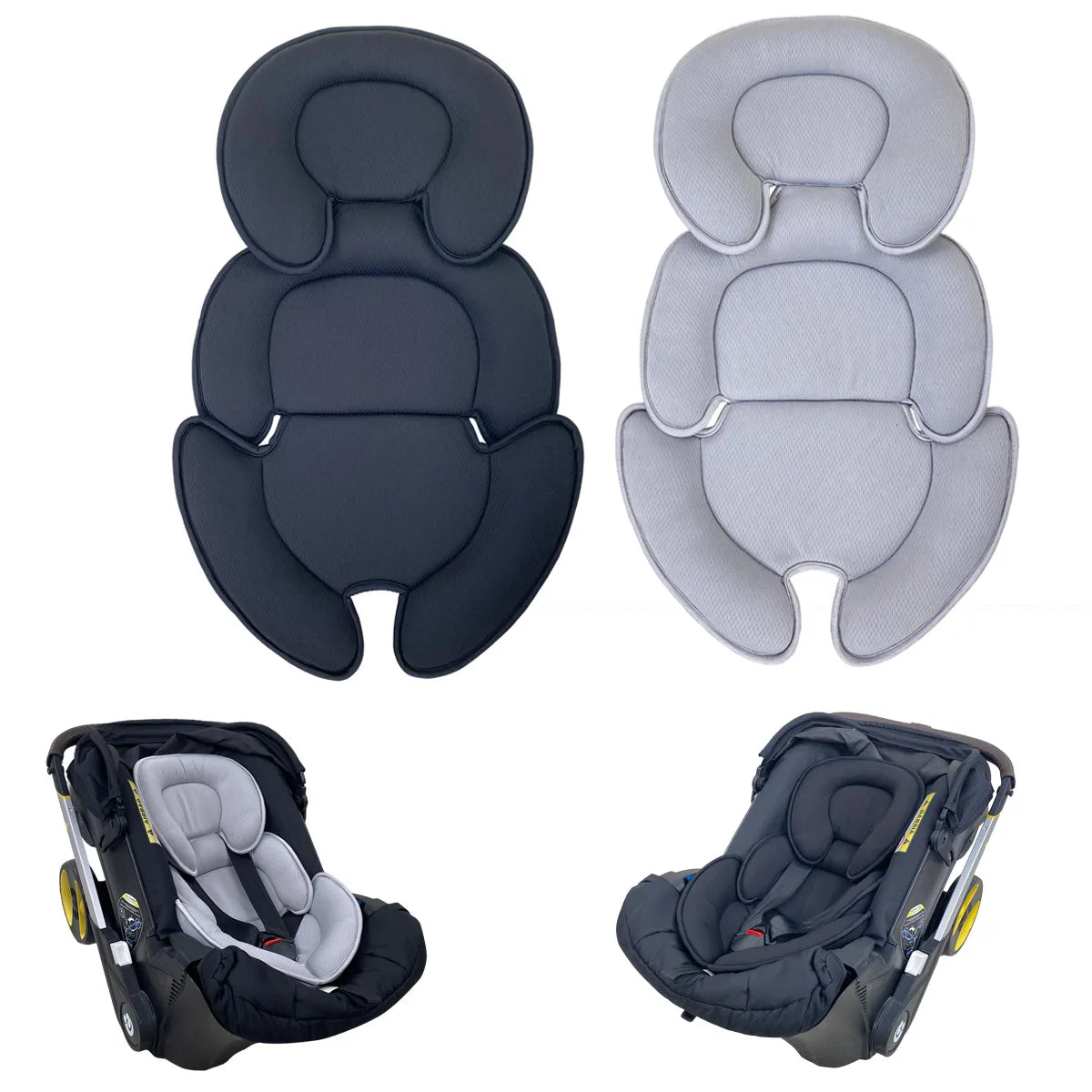 Contoured Baby Stroller Seat Cushion with Padded Head and Body Sections, Polyester-Filled Washable Seat Insert in Black or Gray