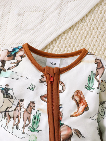 Bear Print Infant Romper with Long Sleeves and Front Fastenings, Contrast Trim and Footless Cuffs for Everyday Baby Outfits, Sizes 1-18 Months
