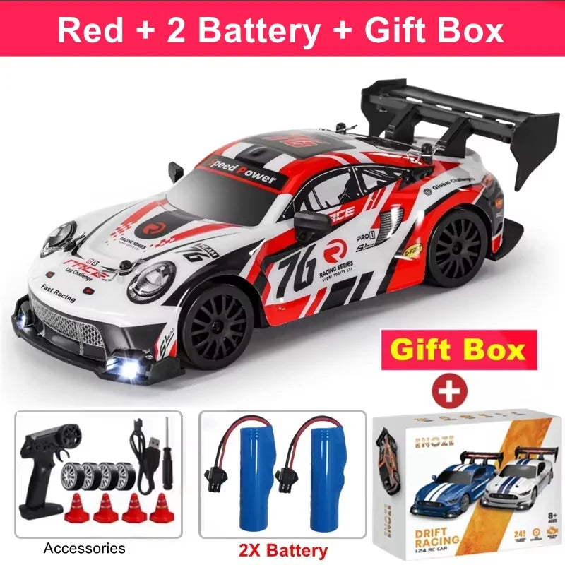 RC Drift Racing Car with 4WD, 2.4GHz Proportional Remote Control, LED Lights and Replaceable Racing and Drift Tires for Kids and Adults