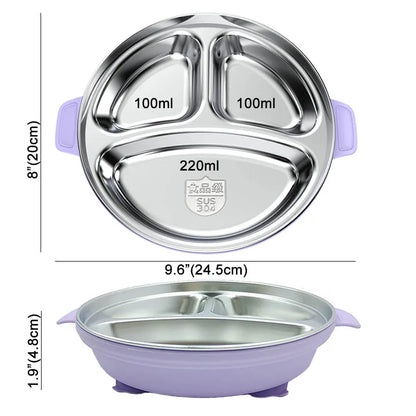 Stainless Steel Baby Feeding Set, 4-Piece Tableware with Three-Section Suction Plate, Handled Bowl, Spoon and Fork in Four Colors