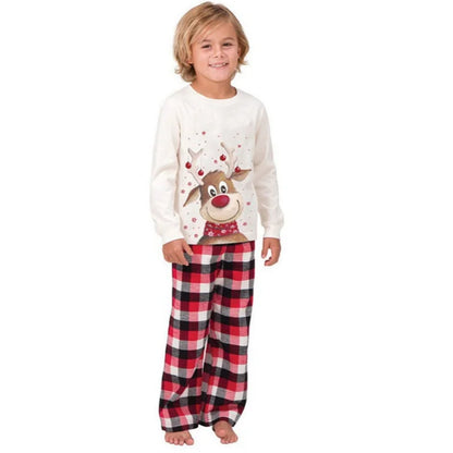 Reindeer Family Matching Pajamas with White Long Sleeve Tops and Red Black Plaid Pants, Christmas Outfits for Mom, Dad, Kids and Baby Size Options