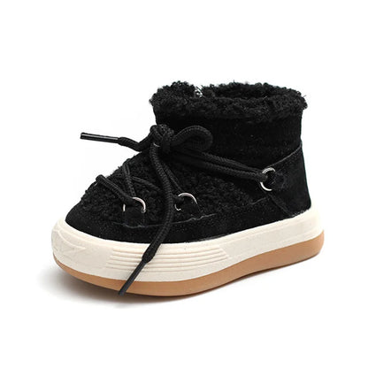 Toddler Plush Panel Lace-Up Boots with Rubber Soles and Cozy Cuffs, Beige, Black or Pink Winter Ankle Shoes for Boys and Girls, 12-15.5 cm Insoles