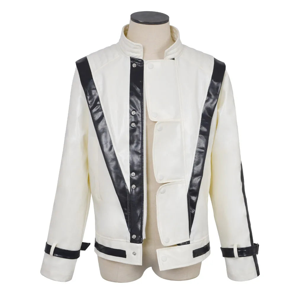 Red Thriller-Style Costume Jacket with Black Contrast Panels, Stand Collar and Cuff Straps for Pop-Inspired Cosplay, Halloween and Stage Performances