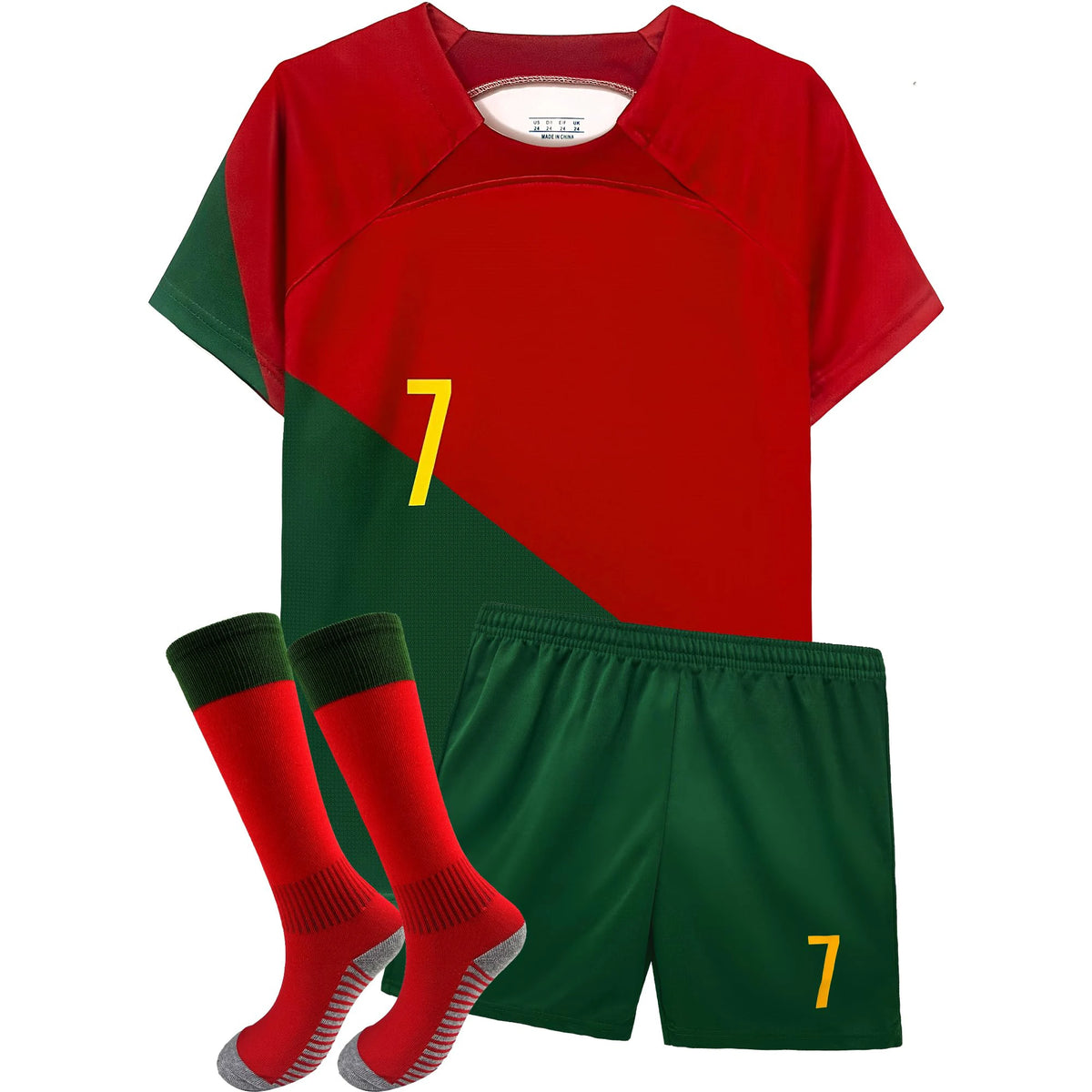 Kids Number 7 Soccer Jersey Set in Red and Green, Short Sleeve Shirt with Matching Shorts and Socks for Boys and Girls Football Fan Outfits