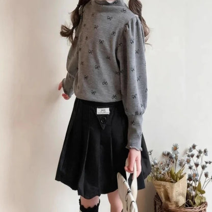 Girls High Neck Long Sleeve Shirt with Allover Bow Print, Beige or Gray Layering Top for Everyday Fall and Winter Outfits and Family Gatherings