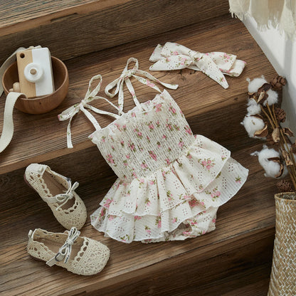 Smocked Floral Baby Girl Sunsuit with Headband, Cotton Blend Ruffle Romper with Tie Shoulder Straps for Summer Photos, 0-24 Months