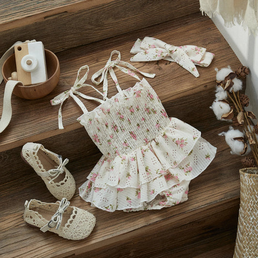 Smocked Floral Baby Girl Sunsuit with Headband, Cotton Blend Ruffle Romper with Tie Shoulder Straps for Summer Photos, 0-24 Months