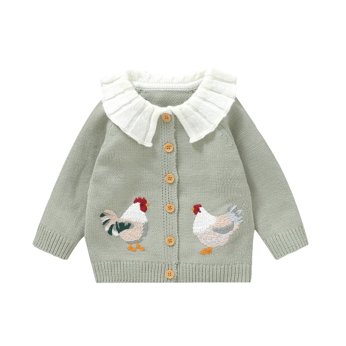 Rooster Embroidered Baby Girl Cardigan with White Ruffle Collar, Long Sleeve Button-Front Knit Sweater in Pink or Green, Sizes 6 Months to 3 Years