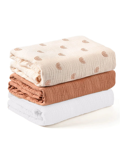 3-Piece Muslin Receiving Blanket Set for Newborn Care, Soft Breathable Baby Wraps with Printed and Solid Design Options in 120 x 100 or 80 x 65 cm