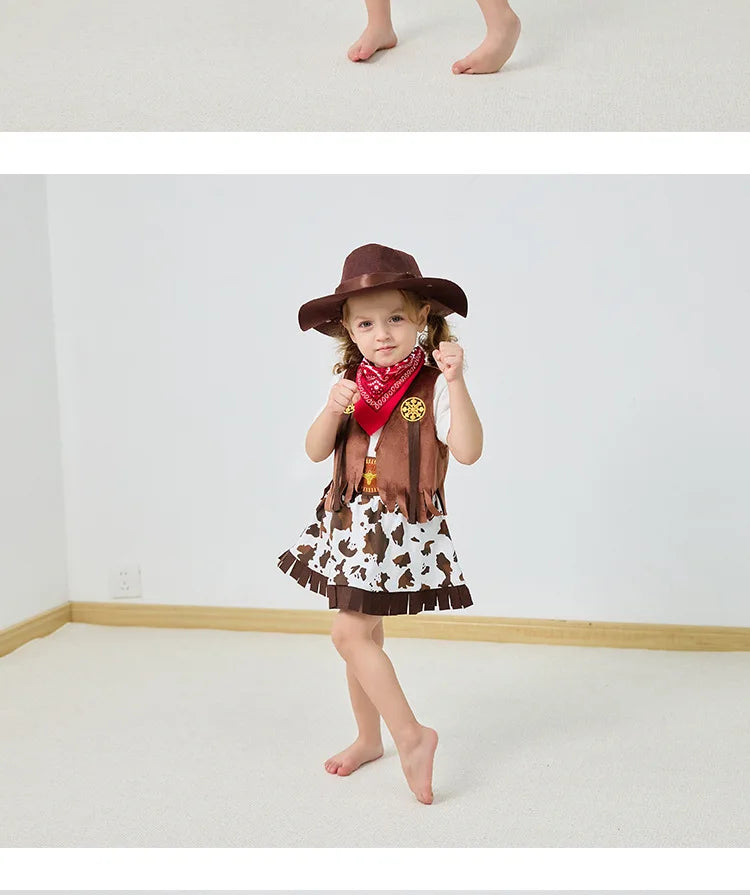 Girls Cowgirl Costume Set with Brown Fringe Vest, Cow-Print Skirt, Hat and Bandana, Western Dress-Up Outfit for Halloween and Birthday Parties