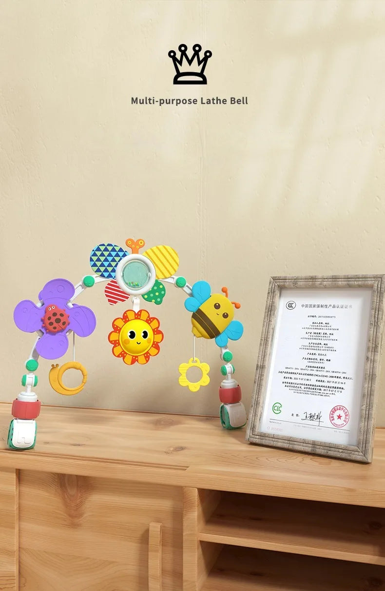 Stroller Activity Toy Arch with Colorful Hanging Play Details, Ocean or Bee Theme Clip-On Baby Play Bar for Supervised Sensory Exploration