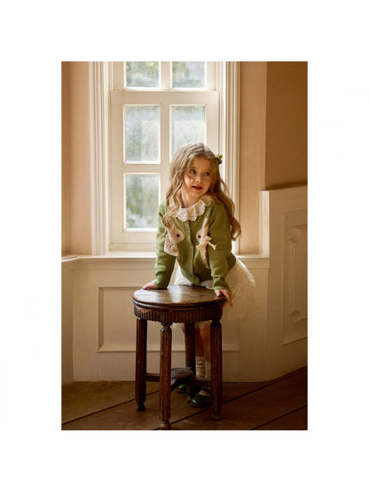 Girls Bunny Jacquard Cardigan, Green Button-Front Knit Sweater with Long Sleeves and Ribbed Cuffs and Hem for Spring Outings and Fall Layering