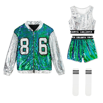 Girls Sequin Hip Hop Dance Costume Set with Metallic Trim Jacket, Crop Top, Shorts and Striped Socks for Jazz Recitals and Stage Performances