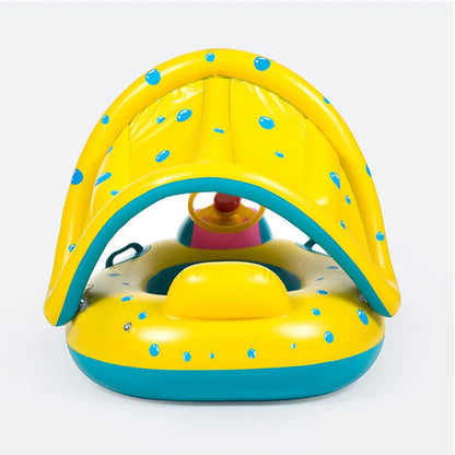 Yellow Baby Pool Float Seat with Sunshade and Steering Wheel, Inflatable Seated Swim Ring for Closely Supervised Summer Pool Play