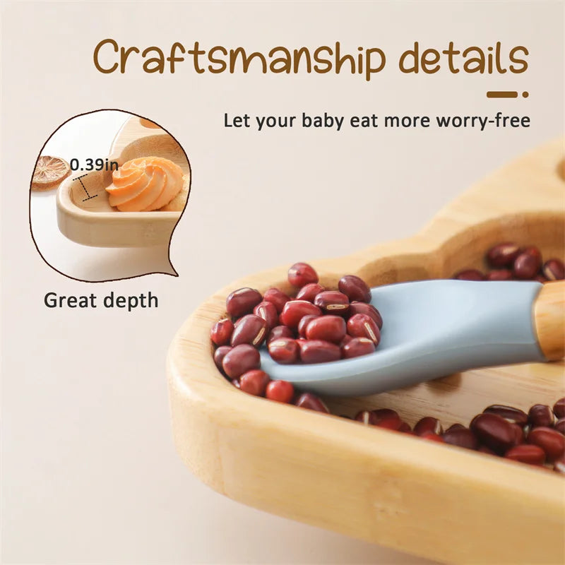 Bamboo Baby Suction Bowl and Tableware Options, Sun, Cloud and Dinosaur Designs with Single-Piece or 3-Piece Wooden-Handle Utensil Sets
