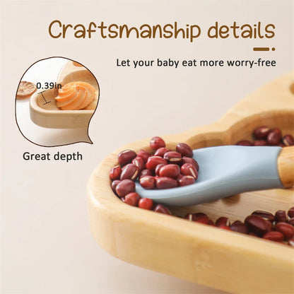 Bamboo Baby Suction Bowl and Tableware Options, Sun, Cloud and Dinosaur Designs with Single-Piece or 3-Piece Wooden-Handle Utensil Sets