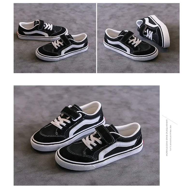 Kids Low-Top Canvas Shoes in Black and White with Hook-and-Loop Strap, Lace Detail and Contrast Side Stripe for Everyday Casual Outfits