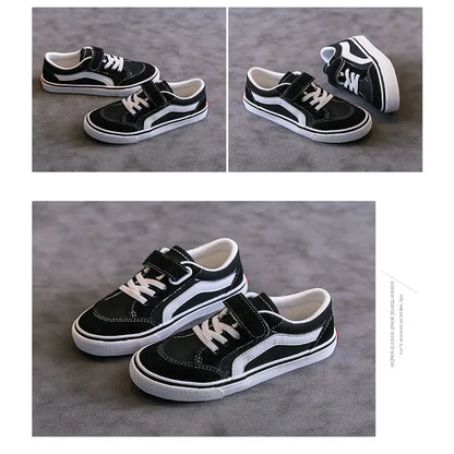 Kids Low-Top Canvas Shoes in Black and White with Hook-and-Loop Strap, Lace Detail and Contrast Side Stripe for Everyday Casual Outfits