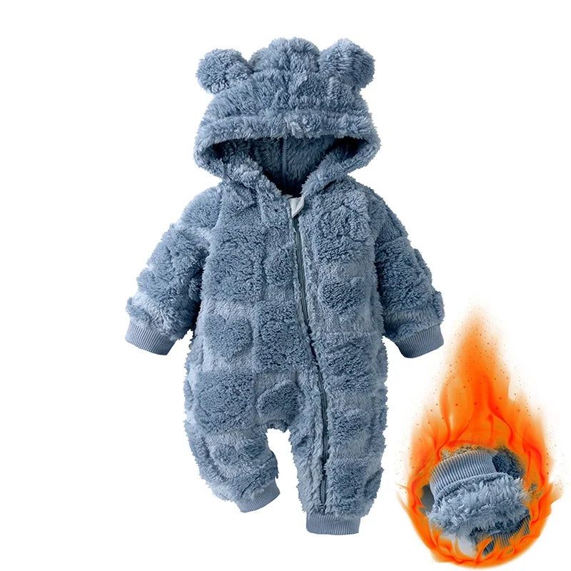 Baby Hooded Winter Romper with Long Sleeves and Cartoon Design, Cozy One-Piece Outfit for Infant Boys and Girls in Sizes 0 to 18 Months
