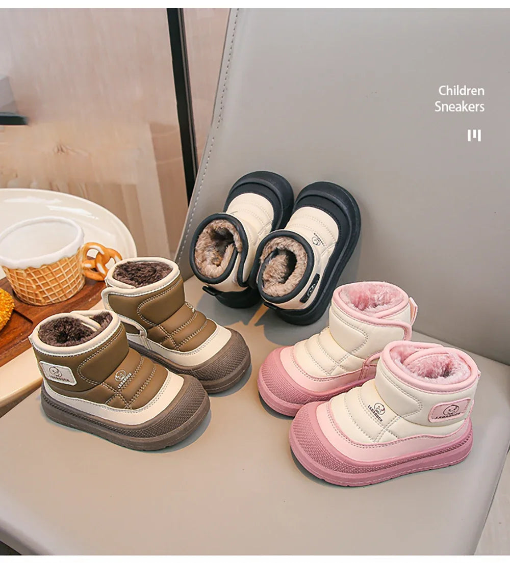 Kids Padded Snow Boots with Plush Lining, Wraparound Ankle Flaps and Chunky Soles, Boys and Girls Winter Shoes in Pink, Black or Brown