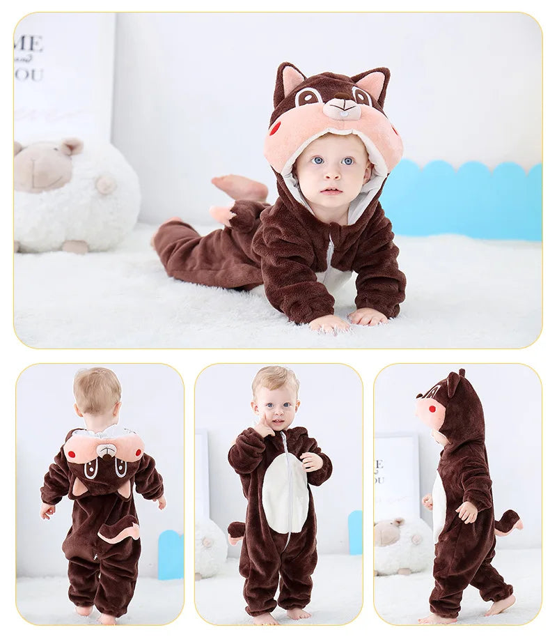 Baby Animal Hooded Costume Jumpsuit with Flannel Styling, Duck, Rabbit, Leopard and More Dress-Up Options for Boys and Girls, Sizes 70-120
