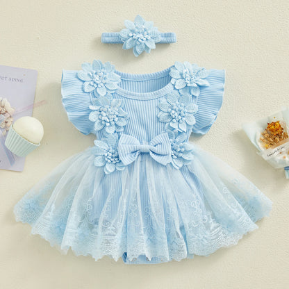 Flower Applique Baby Girl Romper Dress with Headband, Lace Mesh Skirt and Waist Bow, Cotton Blend Summer Occasion Outfit for 0-18 Months
