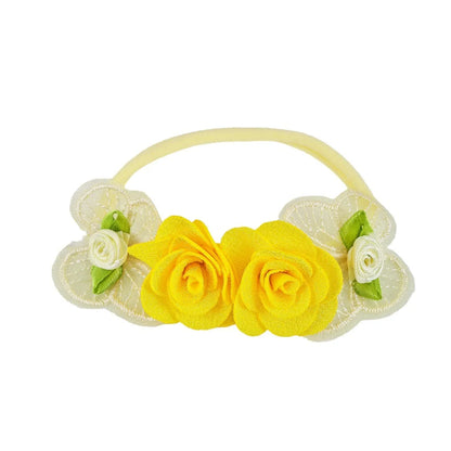 Flower Baby Headbands, 5-Piece Nylon Elastic Band Set with Layered Fabric Roses and Mesh Butterfly Accents for Supervised Outfit Photos