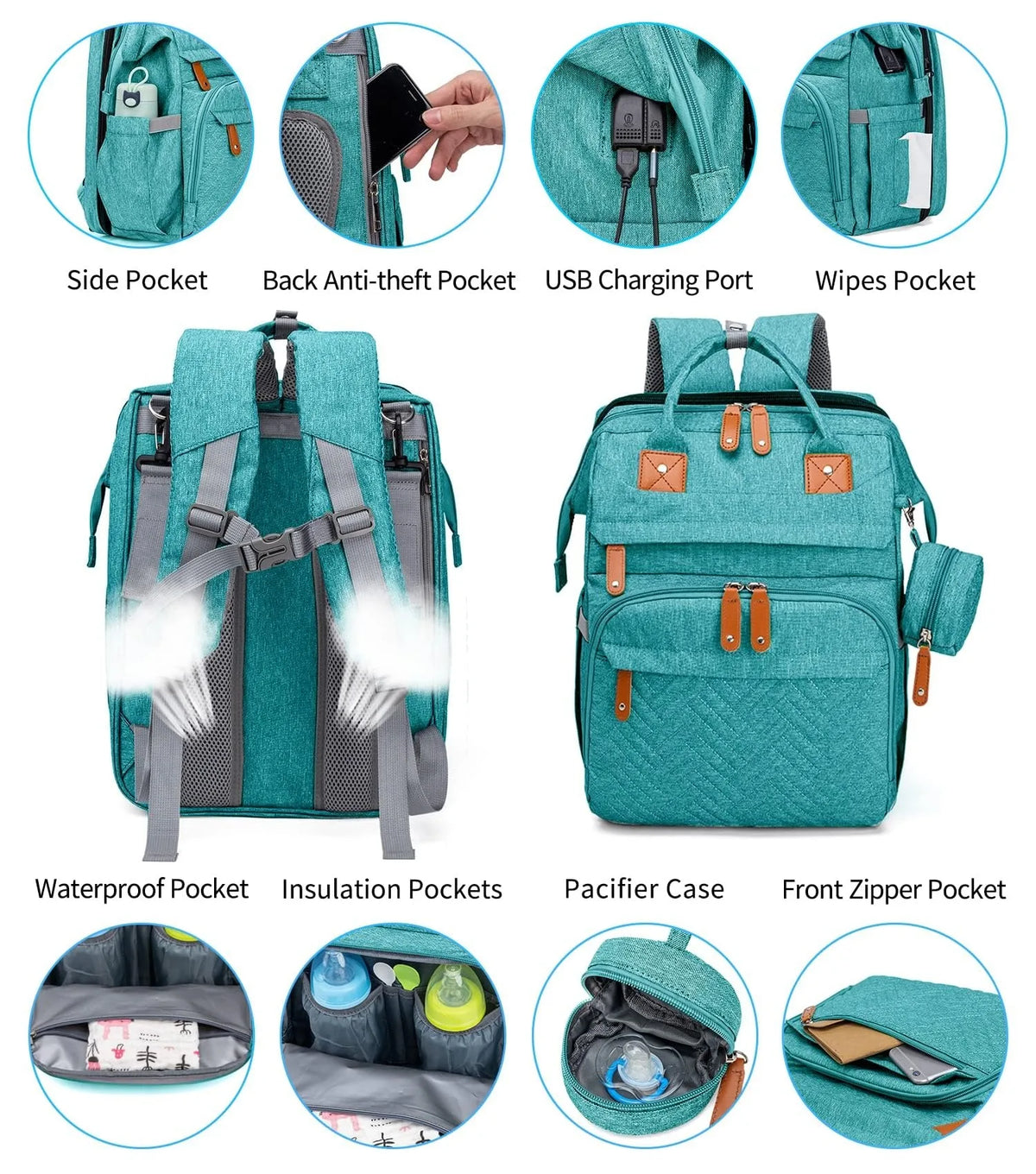 19-Pocket Diaper Backpack with Detachable Changing Station and USB Port, Baby Essentials Organizer with Pacifier Case for Moms and Dads