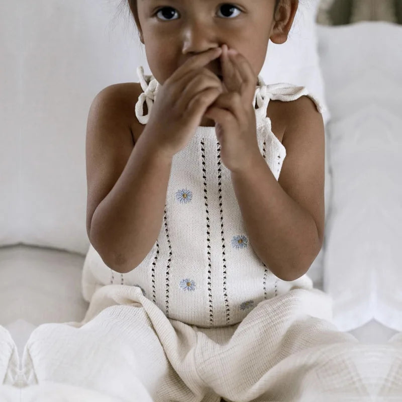 Sleeveless Baby Girl Bodysuit with Floral Cotton Knit and Tie Shoulders, White Openwork Summer One-Piece Outfit for Family Photos, 0-24M