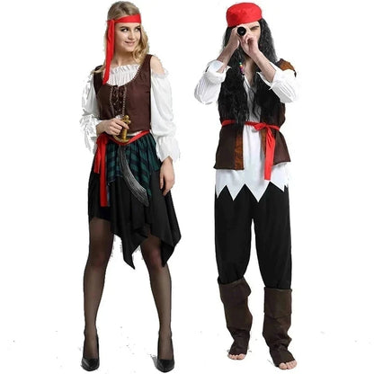 Pirate Captain Cosplay Outfit for Adults, Men’s Pants or Women’s Skirt Costume with Head Scarf and Vest for Halloween and Carnival