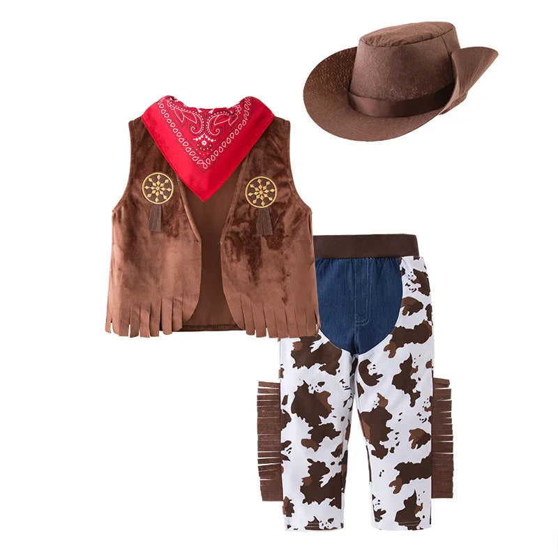 Girls Cowgirl Costume Set with Brown Fringe Vest, Cow-Print Skirt, Hat and Bandana, Western Dress-Up Outfit for Halloween and Birthday Parties