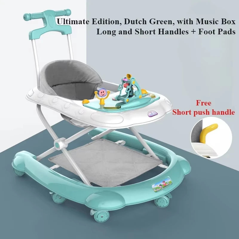 Musical Baby Walker with Spinning Toy Tray, Rear Push Handle and Foldable Frame, Three Height Positions in Pink, Green or Blue for Supervised Indoor Use