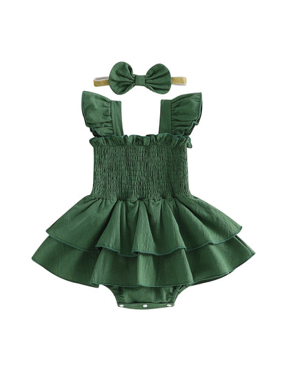 Tiered Baby Girl Romper Dress with Bow Headband, Smocked Cotton Blend Bodice and Flutter Straps, Solid Color Summer Outfit for 0-18 Months